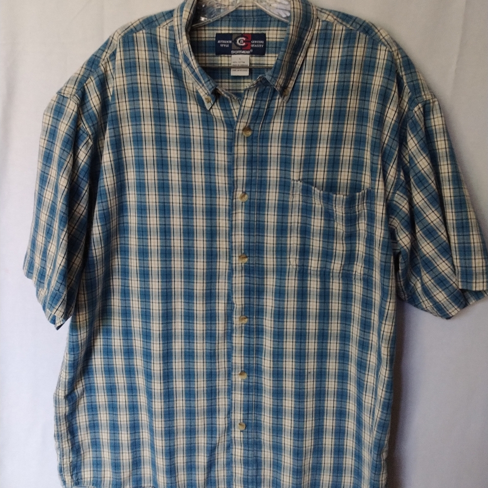 C&C Sportswear Blue Plaid Men's Short Sleeve Button Down Shirt 100% Cotton